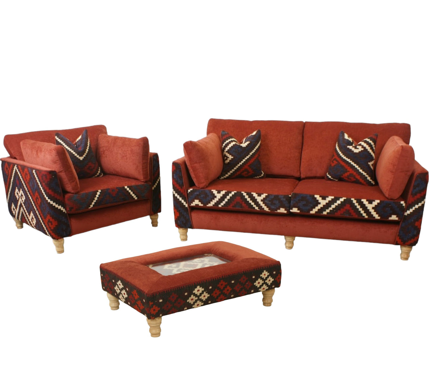 Exclusive Afghan Manchester Sofa, Chair & Glass inlay footstool