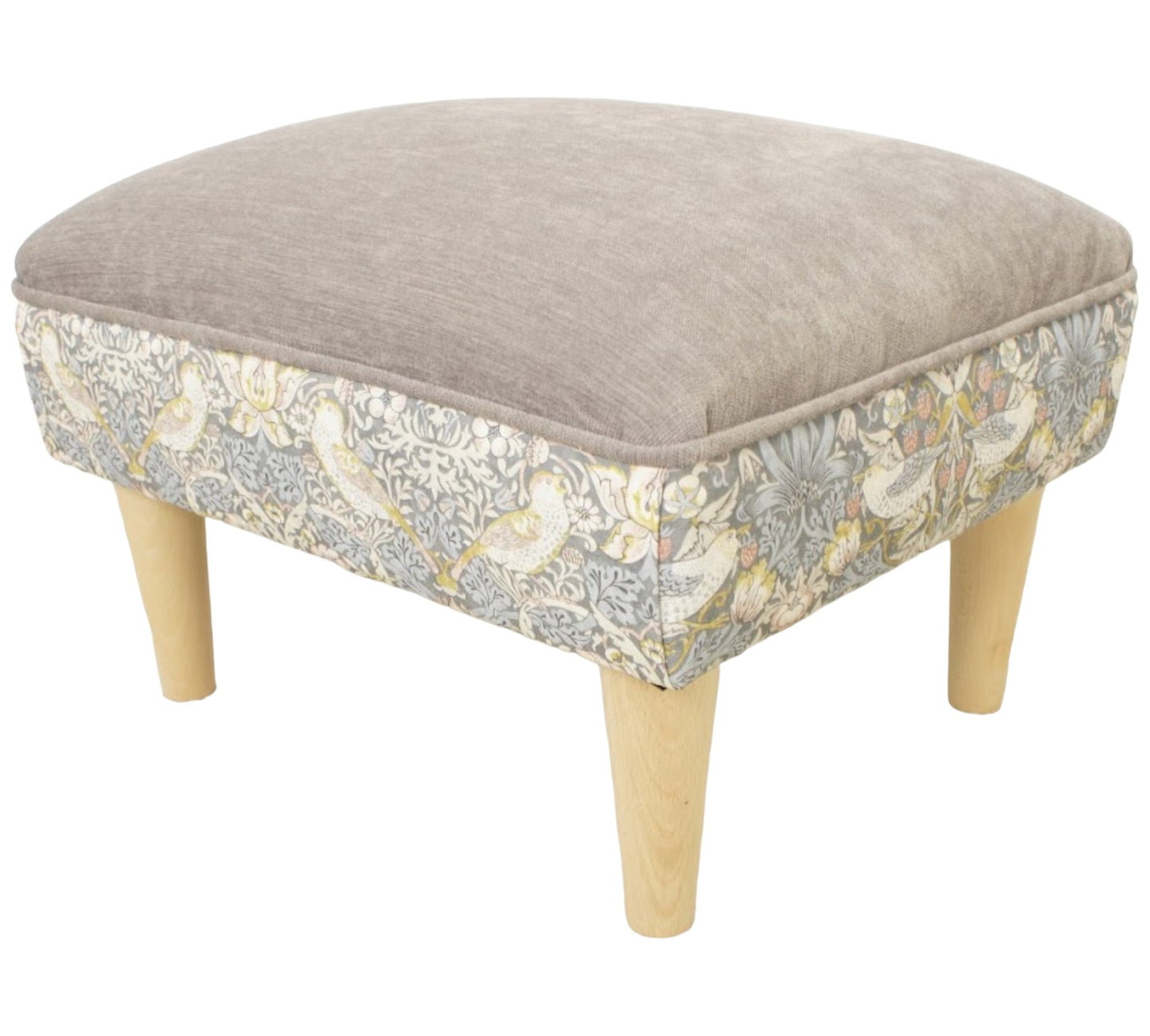 Grey Strawberry thief Harrow footstool with Grey chenille velvet and light wood feet 