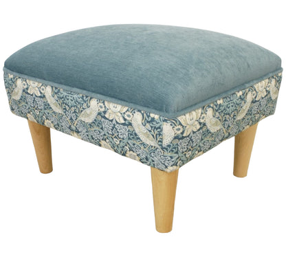 Teal Harrow footstool with plain velvet chenille top, Morris & Co small print with light wood rounded feet