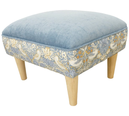 Denim Strawberry Thief Harrow footstool with Denim chenille velvet top and light wood feet 