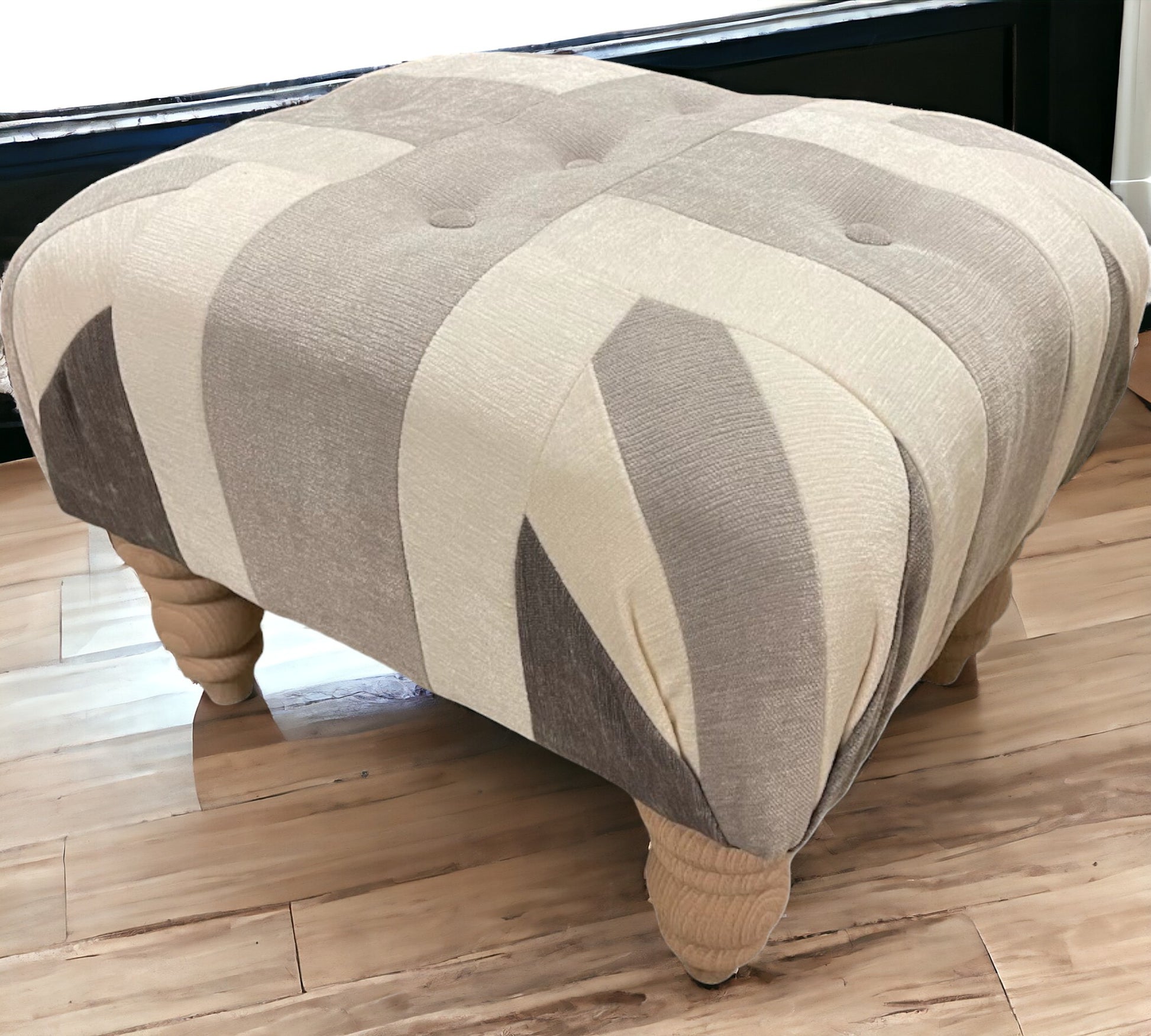 Small Grey Union Jack footstool with light wood feet 