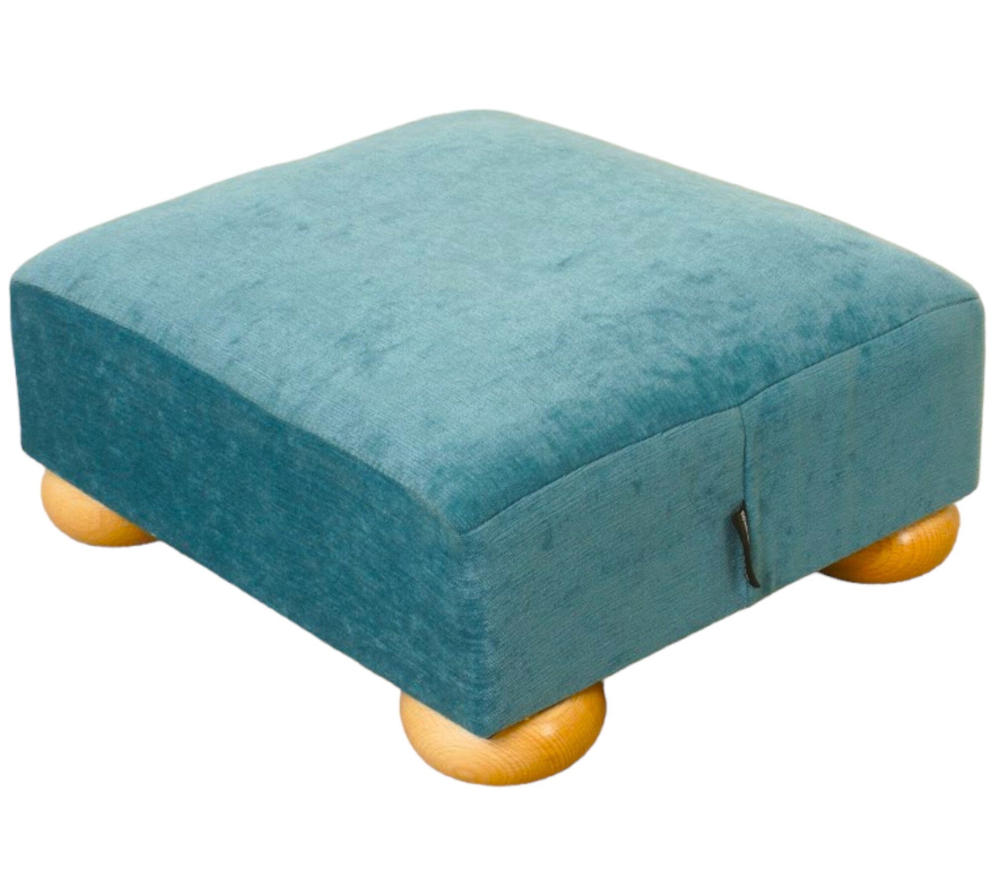 Low half classic footstool in Teal With light wood round feet