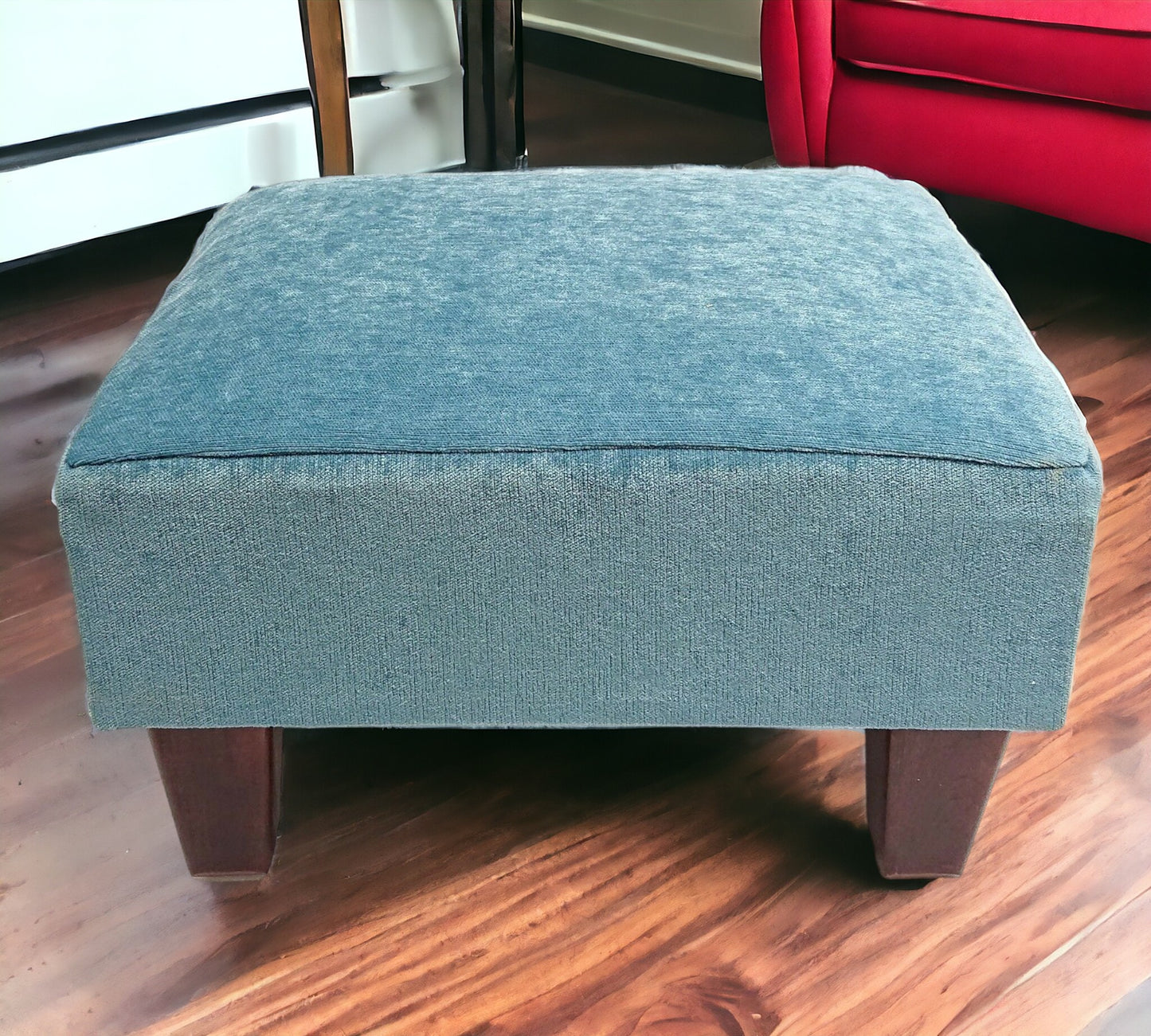 Teal Half Classic footstool in velvet chenille with dark wood feet