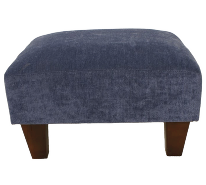 Denim Half Classic footstool in velvet chenille with Dark wood feet