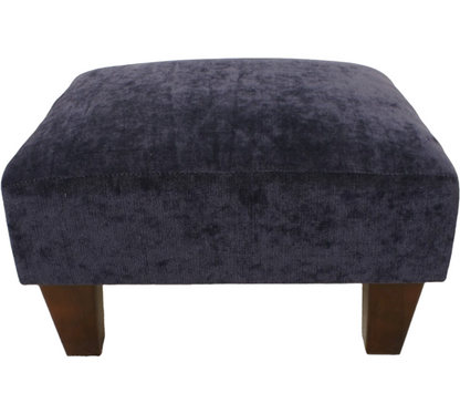 Navy Half Classic footstool in velvet chenille with Dark wood feet