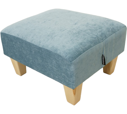 Teal Half Classic footstool in velvet chenille with light wood feet 