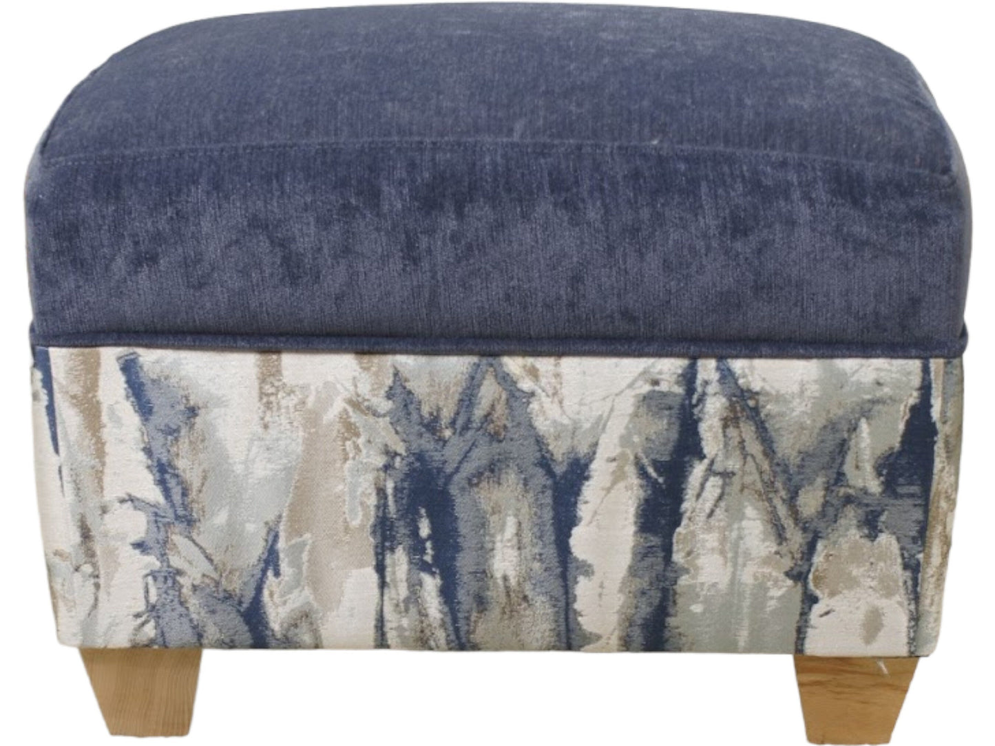 Oxford footstool in Takara Indigo with light wood feet 