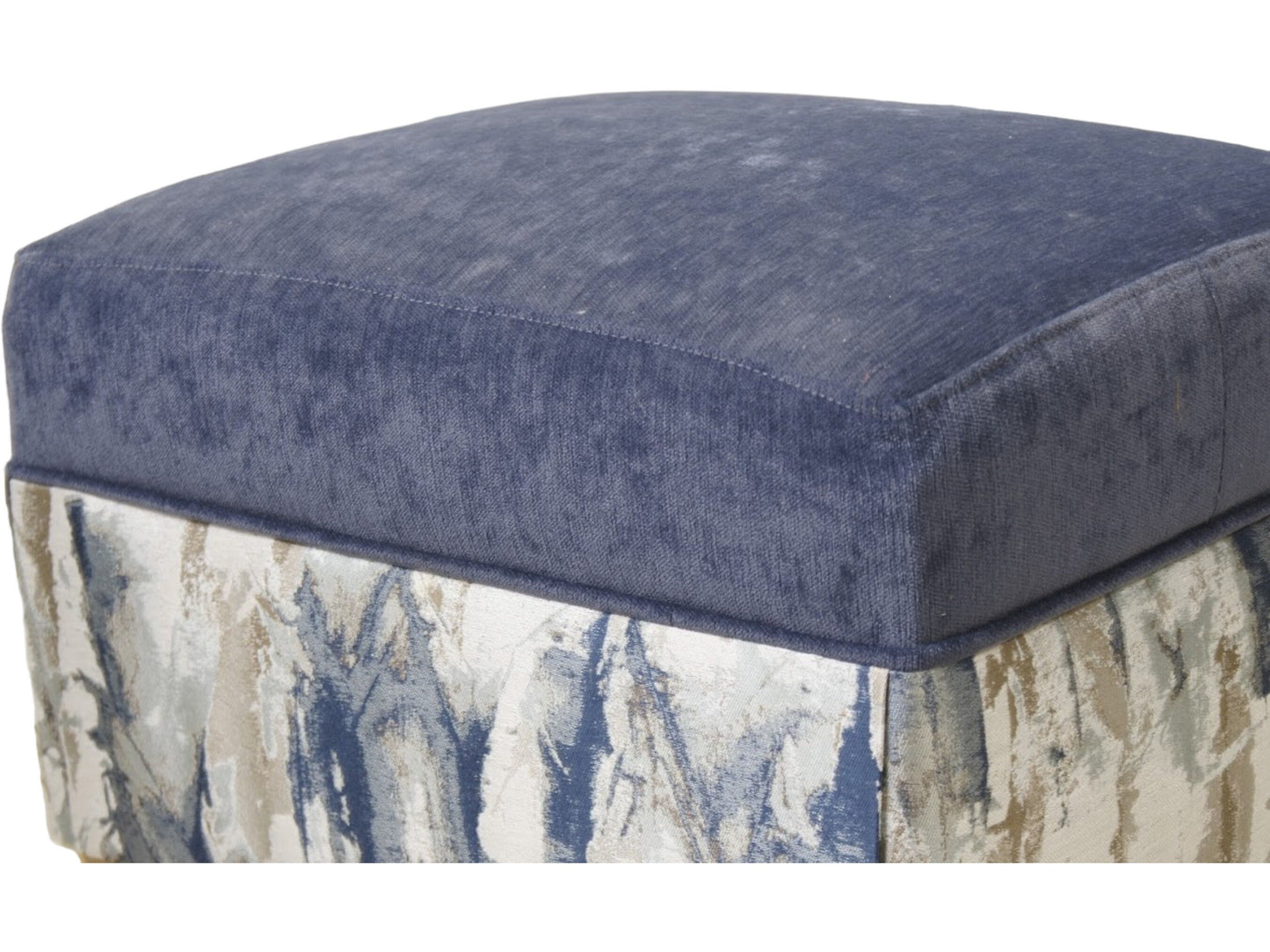 Oxford footstool in Takara Indigo with light wood feet 