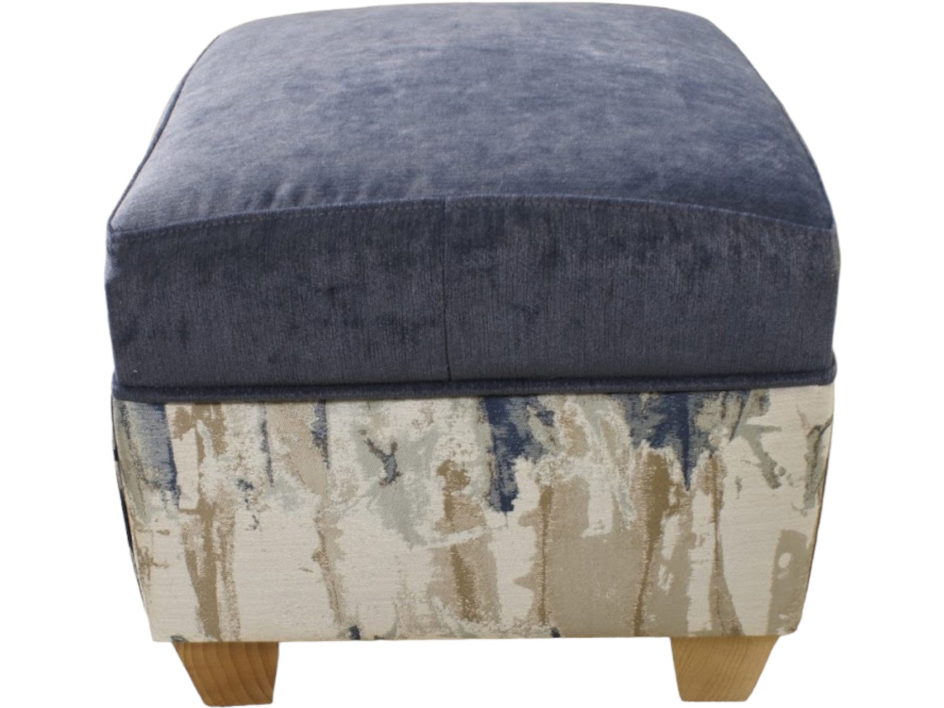 Oxford footstool in Takara Indigo with light wood feet 